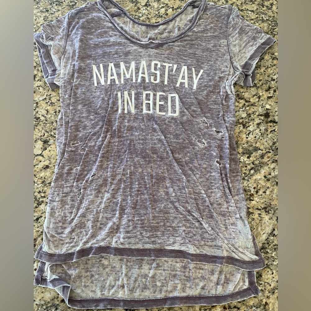 Purple Distressed T-shirt - Namast’ay in Bed